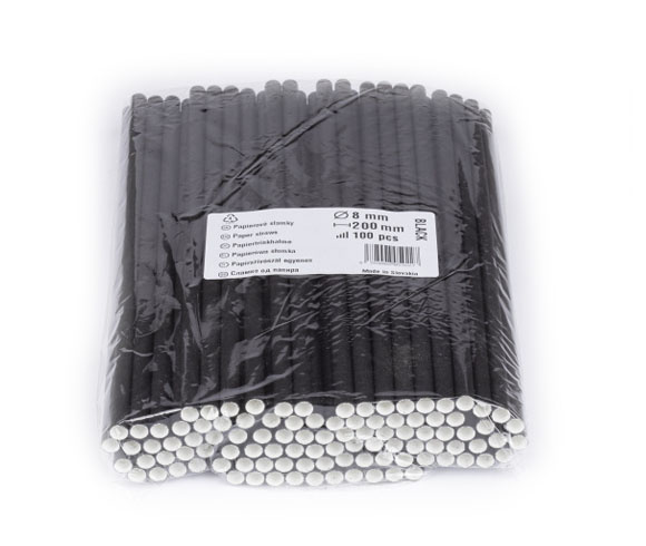 Slamky rovné papierové 20cm 8mm čierne 100ks