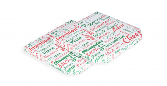 Krabica na pizzu 33x33x3cm TEXT biela 100ks